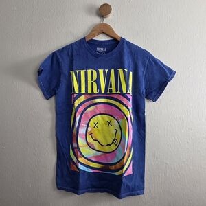 Nirvana Smiley Face Graphic Tee Blue Tie Dye Acid Wash Rock Band Shirt Small